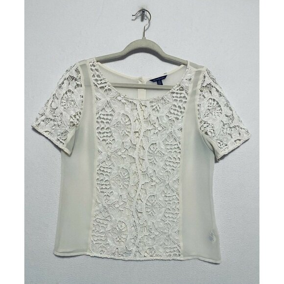 American Eagle AE Top Ivory Lace Sheer Split Back Hem - Picture 1 of 7